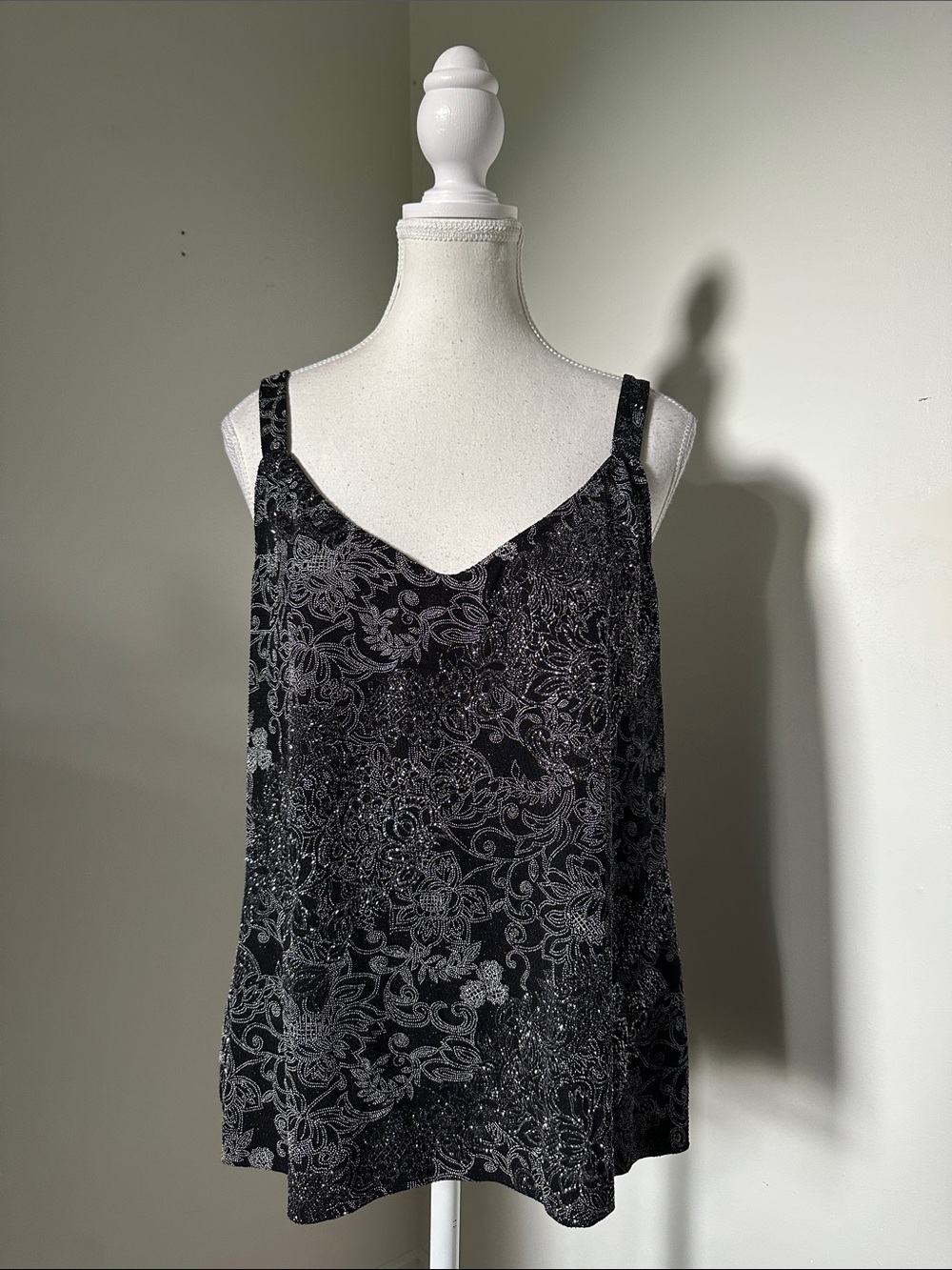 CARINA Vintage Black Floral Sparkle Whimsigoth Party Glam Vneck Tank Top XL